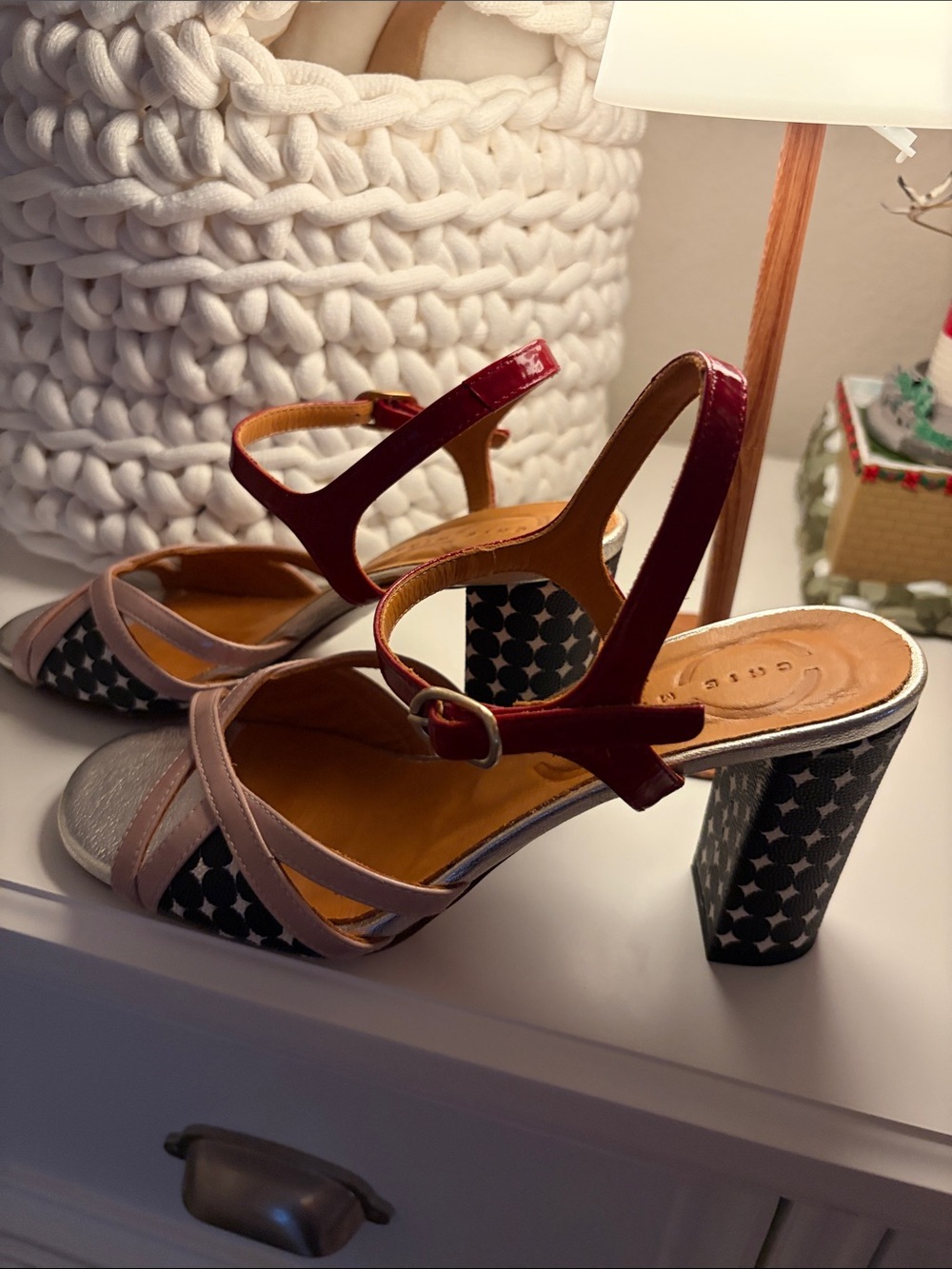 Chie Mihara Pink, Silver & Red Colorblock Strappy Block Heels